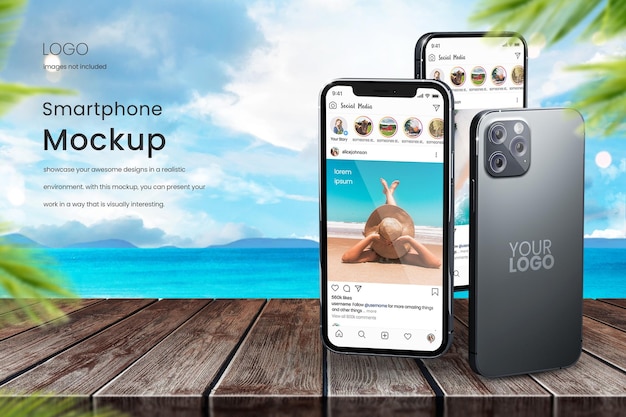 Outdoor iphone 13 mockup on beach background with ocean and blue sky