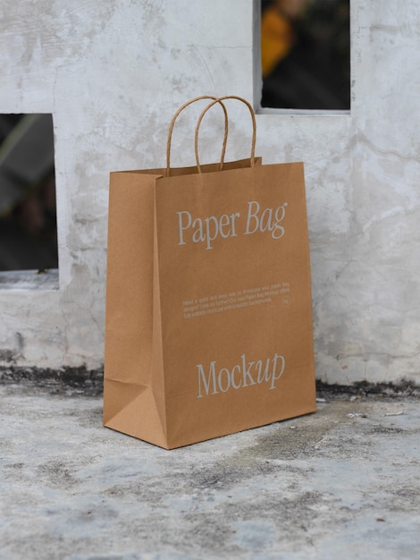 Outdoor paper bag mockup with raw concreate scene