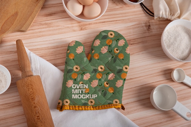 Oven mitt in kitchen mockup