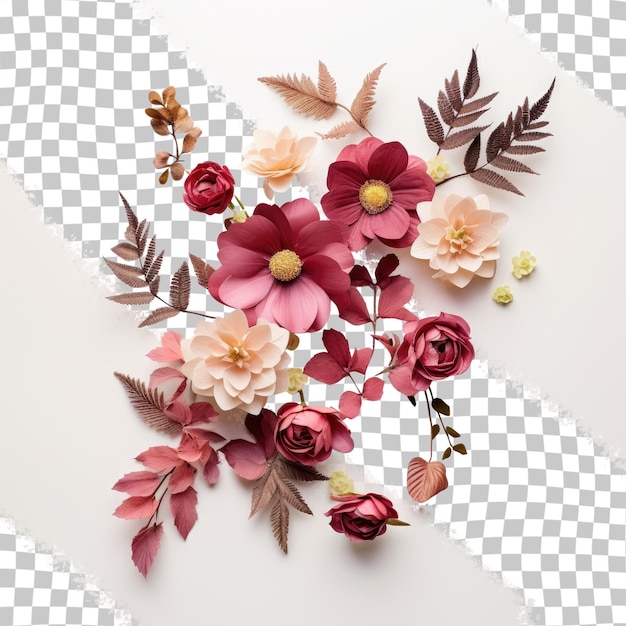 An overhead view of a flower arrangement on a white transparent background with a festive theme