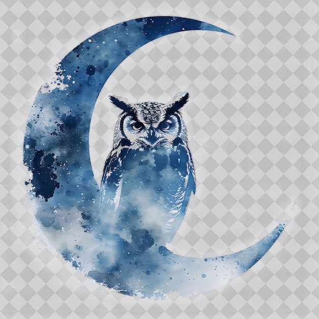 PSD owl inside a crescent moon silhouette nocturnal set in a m png watercolor animal designs