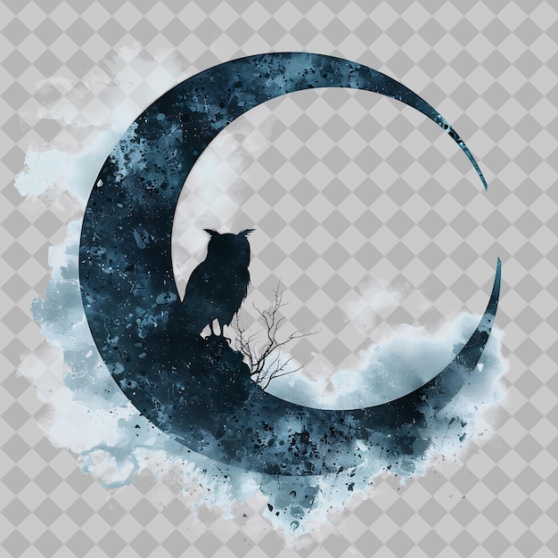 PSD owl inside a crescent moon silhouette nocturnal set in a moo png watercolor animal designs