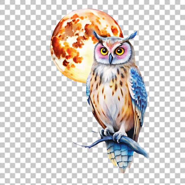 PSD owl at right with a full moon behind on white background