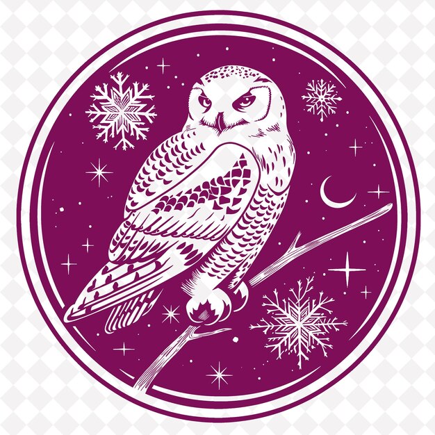 PSD an owl sits on a branch with snowflakes and stars