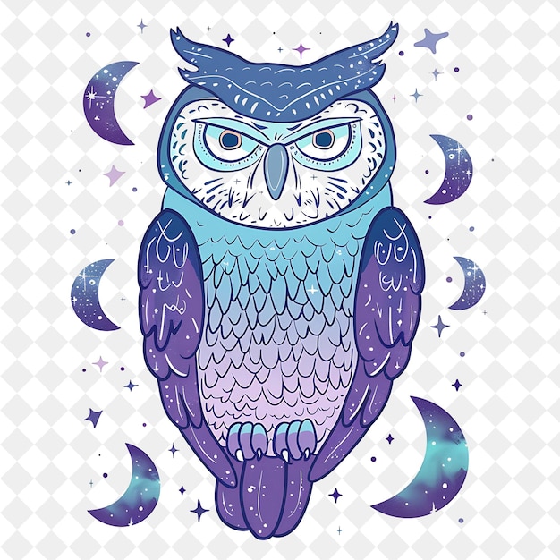 PSD an owl with a full moon and stars on a white background