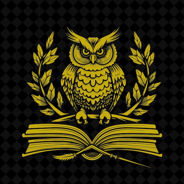 an owl with a golden ribbon on the top of it and a book with the words owl on it