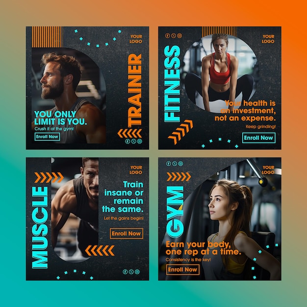 PSD pack 4 templates for gym posts on social media