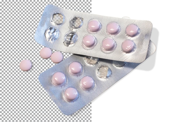 A pack of pink pills with one in the middle and the other in the upper right corner.