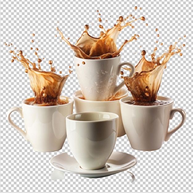 PSD pack of white mugs isolated with coffee splash