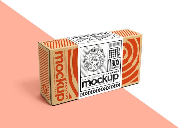 Packaging cardboard box with wrapping label mockup