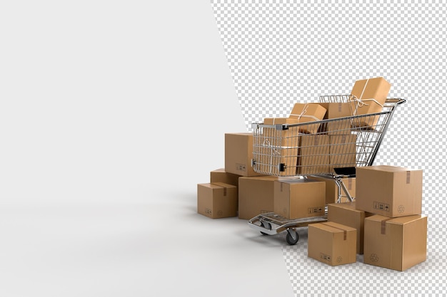 Packaging cardboard boxes paper with shopping carts. Delivery, cargo, logistic and transportation warehouse storage concept. 3D Rendering