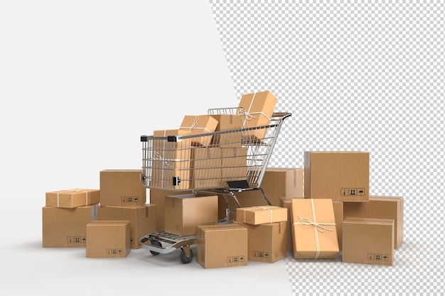 Packaging cardboard boxes paper with shopping carts. Delivery, cargo, logistic and transportation warehouse storage concept. 3D Rendering