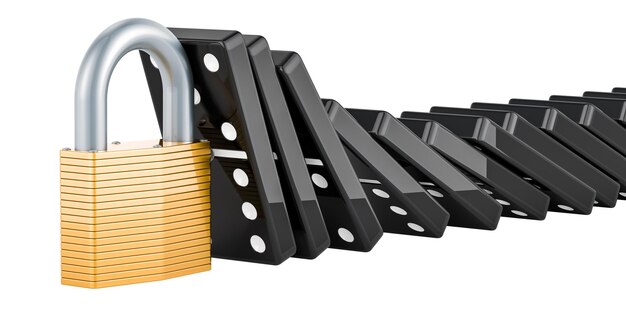 PSD padlock stopped domino effect prevention and protection concept 3d rendering isolated on transparent background