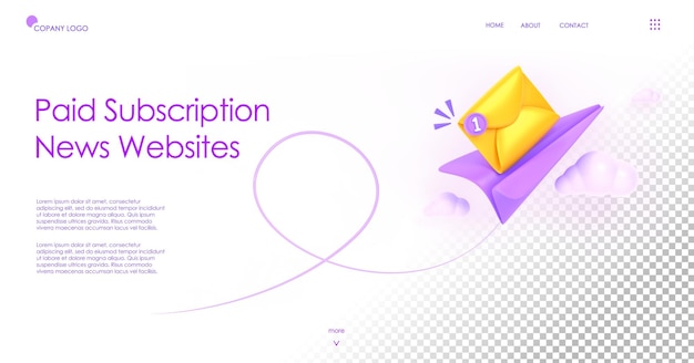 PSD paid subscription news websites banner 3d render landing page with isometric paper plane mail envelope and notification icon subscribe to newsletter email messages service