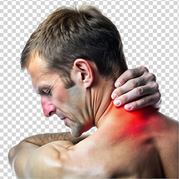 PSD pain in the neck muscle of caucasian man on transparent background