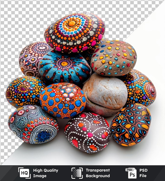 Painted mandala stones on transparent background with isolated and colorful mandala stones