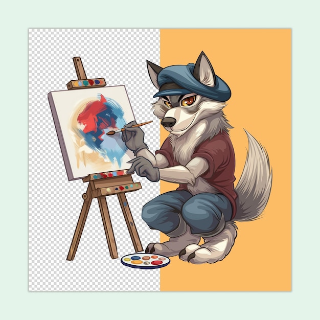 PSD a painter wolf cartoon isolated on a transparent background