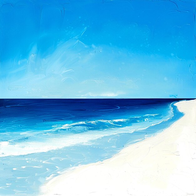 a painting of a beach with a blue water and a beach scene