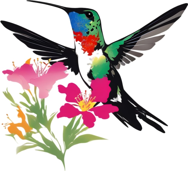 PSD painting of a bee hummingbird using the japanese brushstroke technique