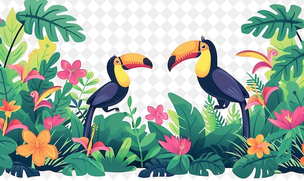 a painting of birds in a jungle with flowers and plants