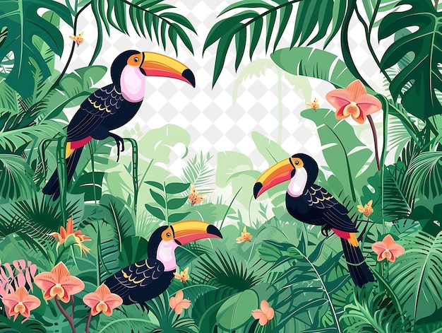 a painting of birds with a frame of leaves and a picture of a tropical scene