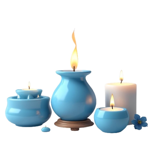 PSD a painting of blue pots and candles with a flame on it