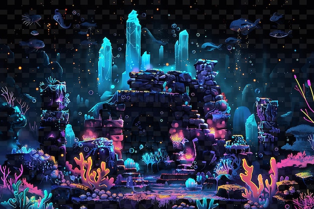 a painting of a cave with a cave and a fish tank