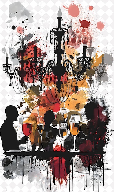 a painting of a couple having a meal with glasses of wine