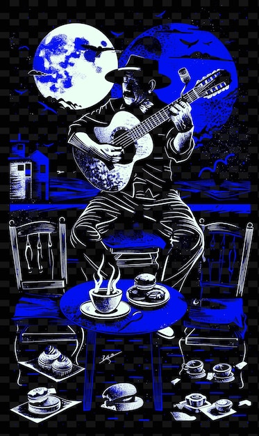 a painting of a man playing a guitar and a cup of tea