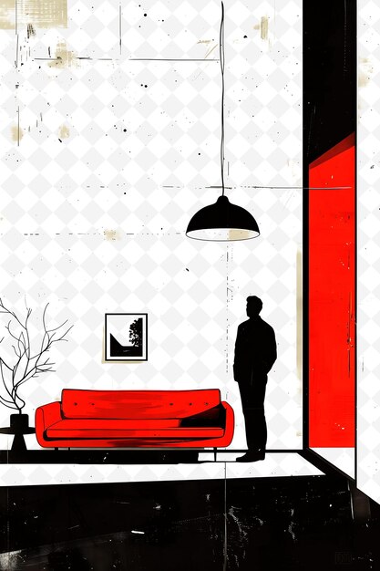 PSD a painting of a man standing in front of a red couch