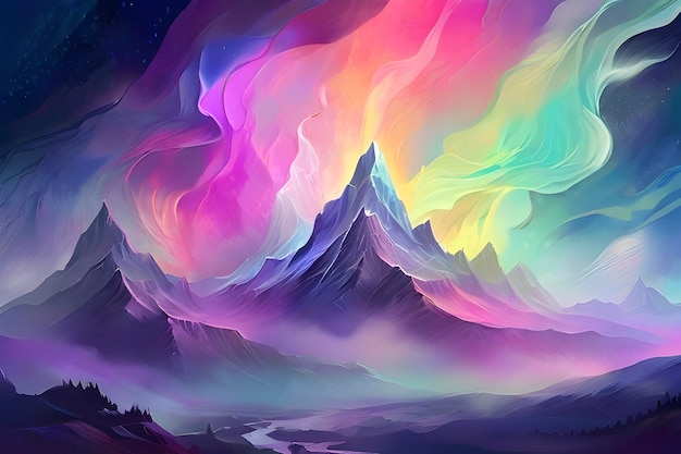 a painting of a mountain with colorful clouds and mountains