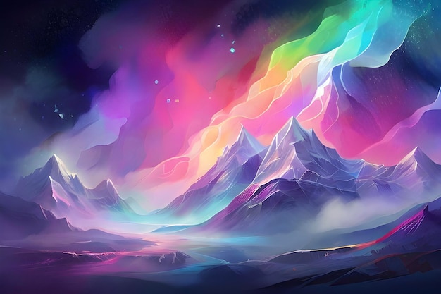 a painting of a mountain with colorful lights and the word rainbow