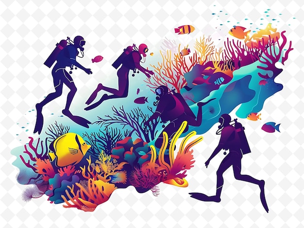 PSD a painting of people and a fish with the words quot scuba divers quot