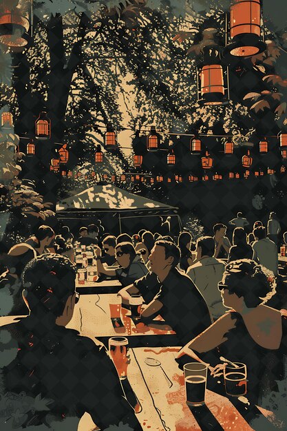 PSD a painting of people sitting at a table with a red lantern on it