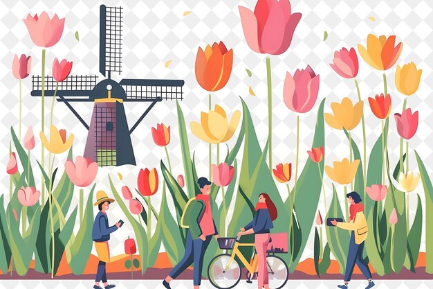 PSD a painting of people walking with a bicycle and tulips