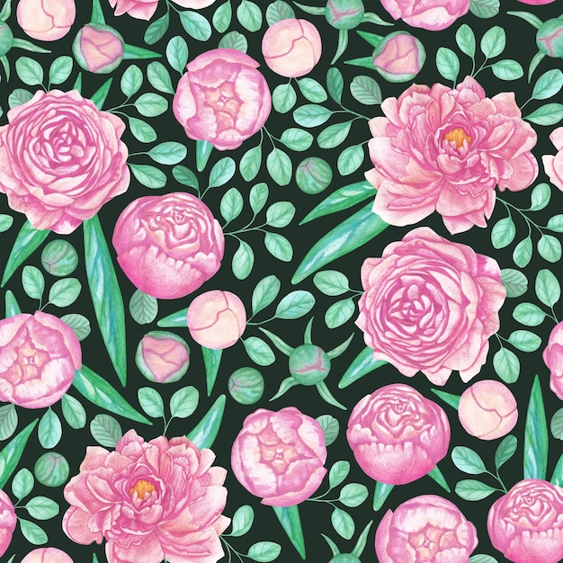 a painting of pink roses with green leaves and green leaves