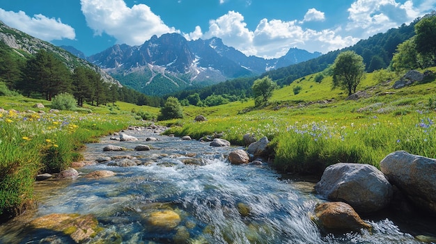 PSD a painting of a river with mountains in the background