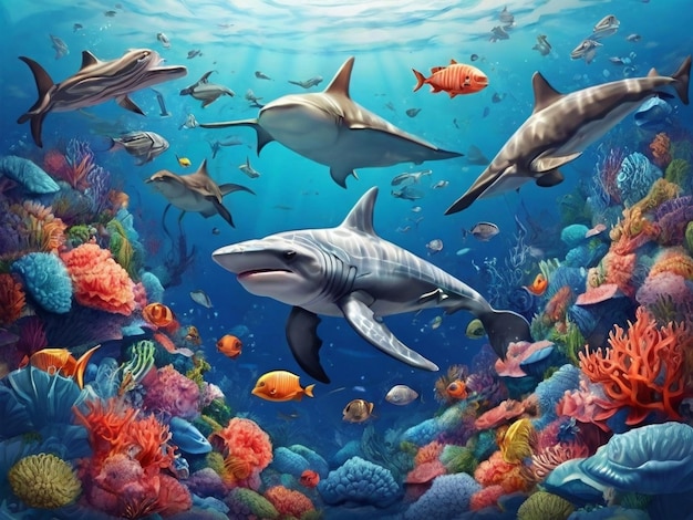 a painting of sharks and corals with a fish in it