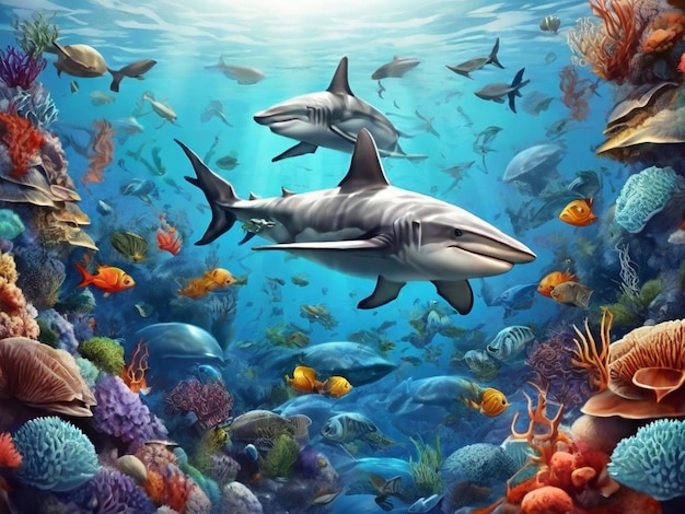 a painting of sharks and corals with one shark in the background