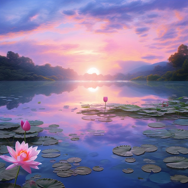 PSD a painting of a sunset with a pink lotus flower in the foreground