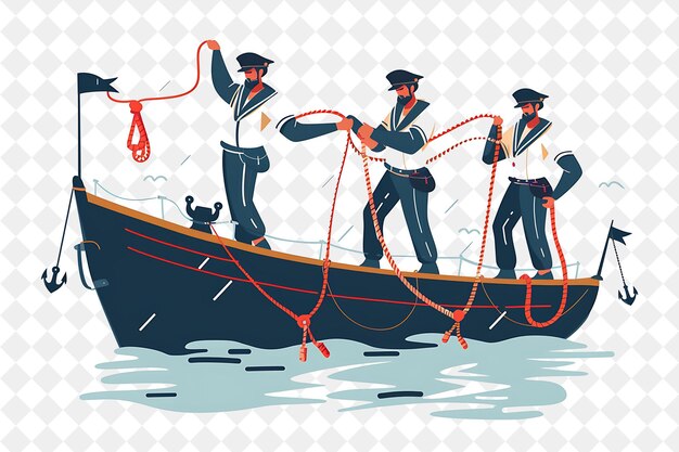 PSD a painting of three men on a boat with a rope tied to it