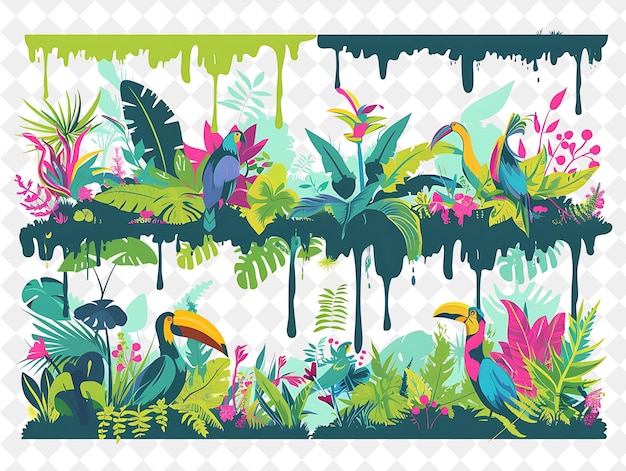 PSD a painting of a tropical forest with a bird and plants