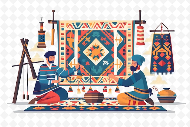 PSD a painting of two men sitting on a rug with a sword and a sword