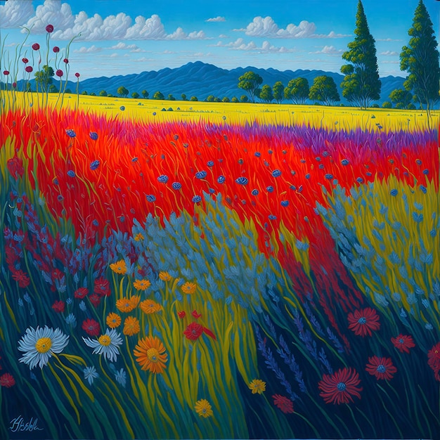 Painting of a vibrant and saturated meadow