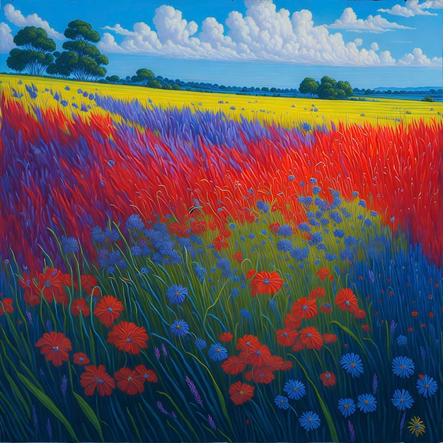 Painting of a vibrant and saturated meadow