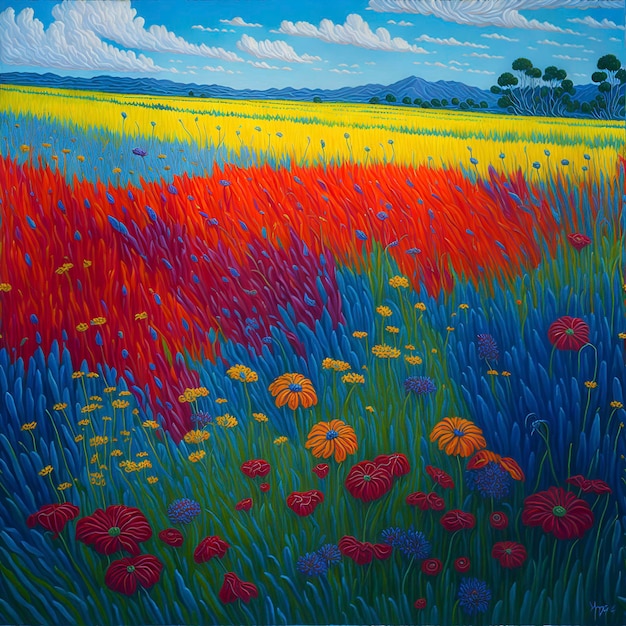 Painting of a vibrant and saturated meadow