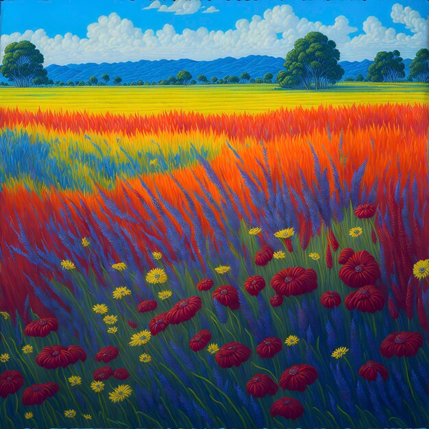 Painting of a vibrant and saturated meadow