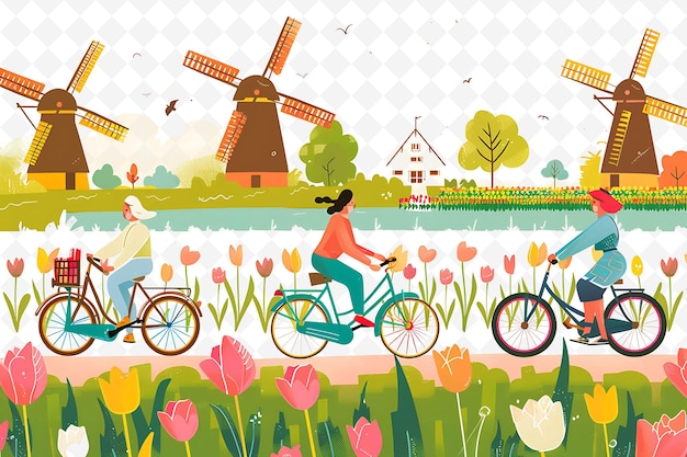 PSD a painting of a windmill and a woman riding a bike with tulips in the background