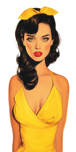 a painting of a woman in a yellow dress with a red lips