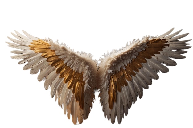 PSD pair of angel wings golden feathers on transparent white background